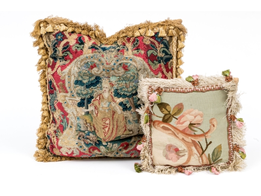Two Accent Pillows, Including An 18th C. Tapestry Fragment Embroidered Onto A Later Needlepoint Pillow
