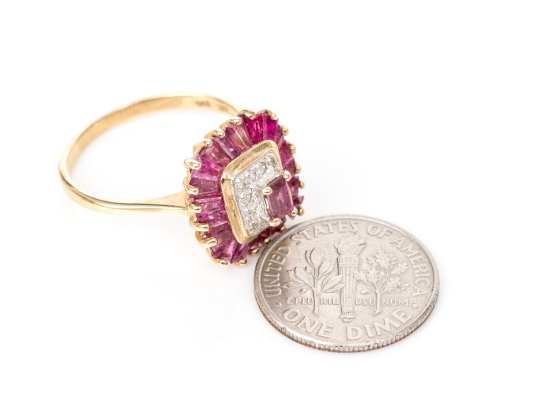 14k Yellow Gold Ruby And Diamond Cluster Ring, App. 0.03 TCW In Diamonds, Size 7.75