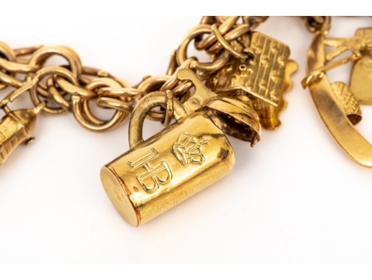 14k Yellow Gold Fabulous Vintage Travel Motif Charm Bracelet, With 14k, 10k And 9k Assorted Charms