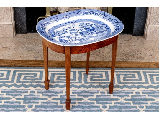 Antique English Blue Willow Serving Tray On Hepplewhite Style Wood Frame