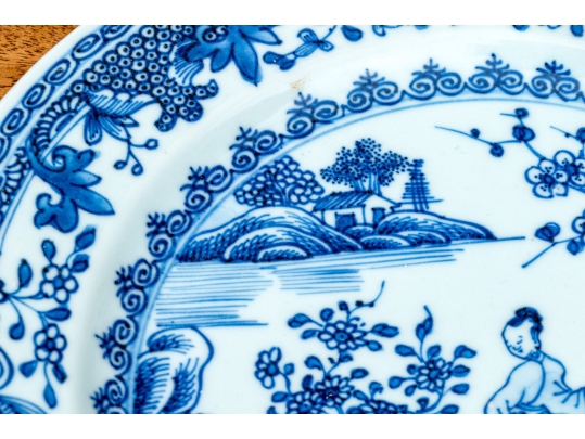 Set Of Seven Antique Chinese Export Blue And White Canton Pattern Porcelain Plates