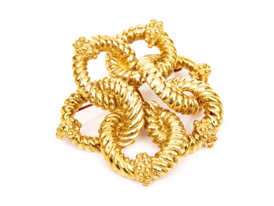 18k Yellow Gold Magnificent Ribbed And Beaded Knot Brooch/necklace Enhancer