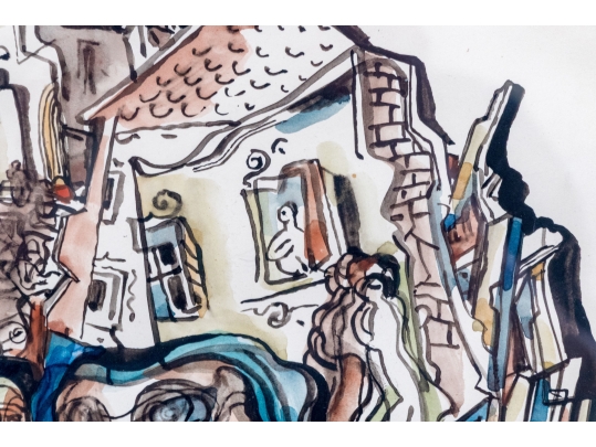 Béla Kádár (Hungarian, 1877-1956) Watercolor On Paper, Figures And Town