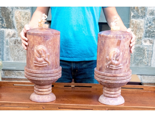 Highly Decorative Carved Stone Lidded Stone Vessels