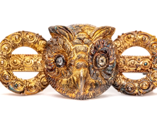 14k Gold Antique Beautiful Ornate Owl Motif Brooch With Rose Cut Diamond Eyes