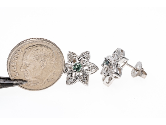 14K White Gold Cluster Earrings Green Spinel And White Zirconia