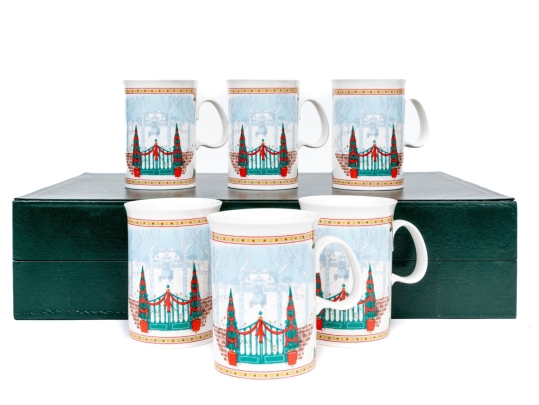 Gucci Vintage Set Of Six Bone China Christmas Themed Mugs, Boxed
