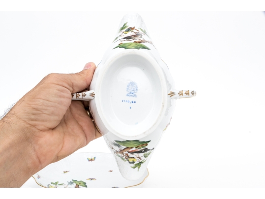 Herend Hungary Hand-Painted Porcelain Gravy Boat, Underplate And Ladle, Rothschild Bird (RO) Pattern