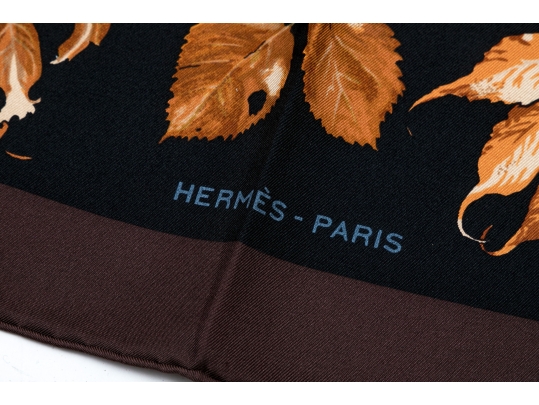 Hermès Striking Fall Leaves Motif Brown And Black Toned Silk Scarf