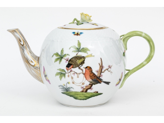 Herend Hungary Hand-Painted Porcelain Lidded Teapot, Rothschild Bird (RO) Pattern