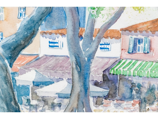 Signed Watercolor On Paper, Village Scene