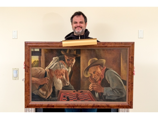 A. Lorenz Signed Oil On Canvas, Men Playing Checkers