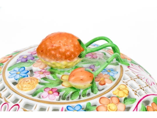 Herend HUngary Hand-Painted Reticulated Floral Decorated Bonbonniere