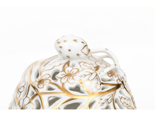 Herend Hungary Hand-Painted Reticulated Porcelain Potpourri Or Covered Box – Gold Floral Design