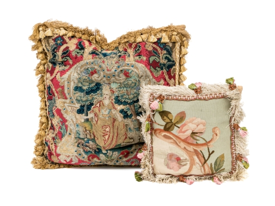 Two Accent Pillows, Including An 18th C. Tapestry Fragment Embroidered Onto A Later Needlepoint Pillow