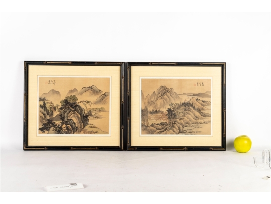 Pair Of Chinese Shan Shui Landscape Paintings On Silk
