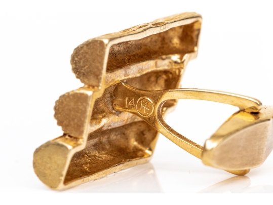 14k Yellow Gold Vintage Brutalist Motif Lozenge Shaped Lever Back Cufflinks