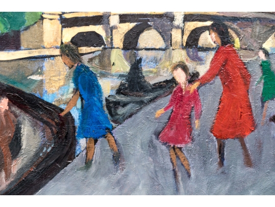 Georges Joubin (French, 1888-1983) Oil On Canvas, Ladies Boarding A Canal Boat