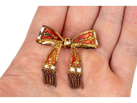 French 800 Vermeil Silver Beautiful Ornate Red And White Fringed Enamel Bow Brooch