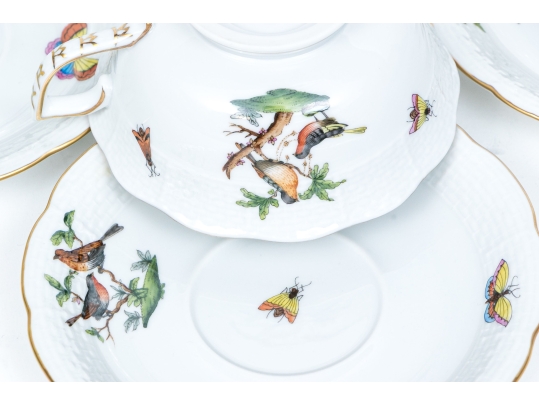 Set Of Ten Herend Hungary Hand-Painted Porcelain Tea Cups And Saucers, Rothschild Bird (RO) Pattern
