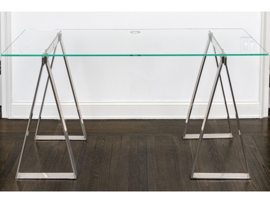 Chrome Framed Glass Top Desk With Sawhorse Form Pedestals
