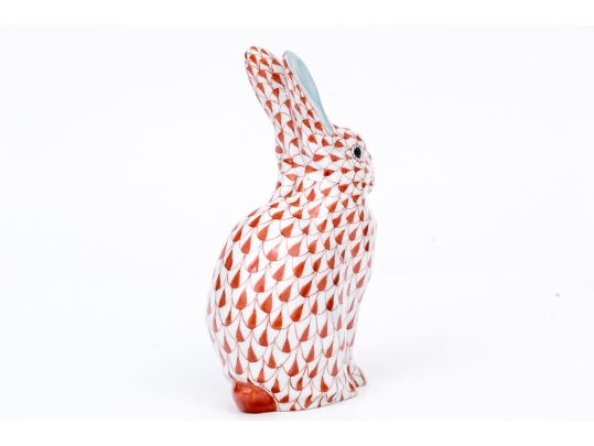 Herend Hungary Porcelain Seated Bunny Figure, Rust Fishnet Pattern