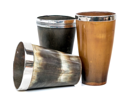 Antique English Collection Of Three Sterling Silver Mounted Carved Horn Cups