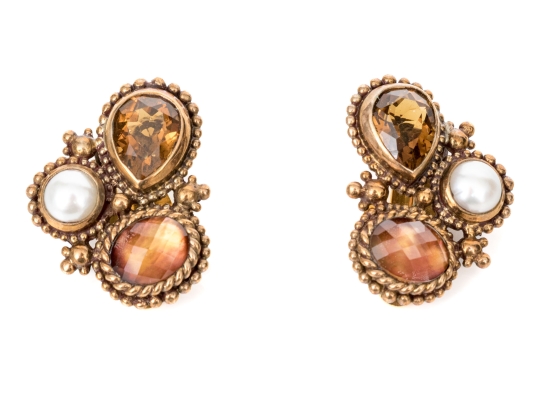 Stephen Dweck Fabulous Citrine, Quartz And Cultured Freshwater Pearl Costume Jewelry Earrings
