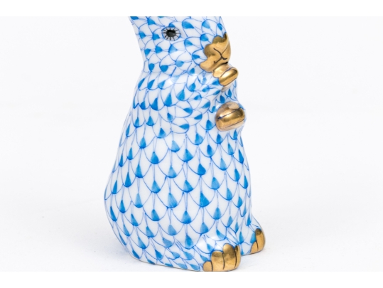 Herend Hungary Hand-Painted Porcelain Rabbit, Blue Fishnet Pattern