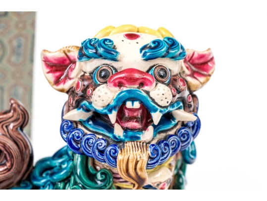 Koji Pottery Enameled Ceramic Figure Of A Foo Dog On Ball
