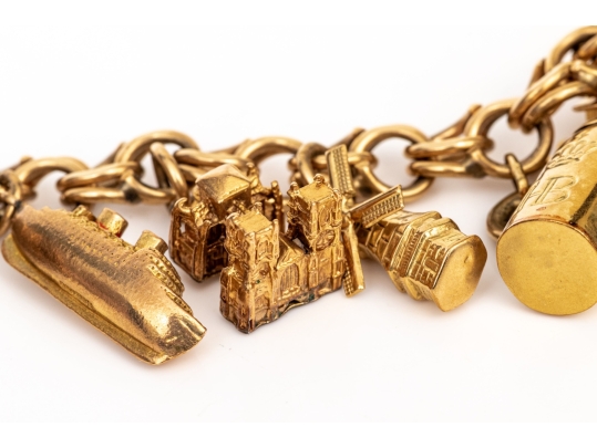 14k Yellow Gold Fabulous Vintage Travel Motif Charm Bracelet, With 14k, 10k And 9k Assorted Charms