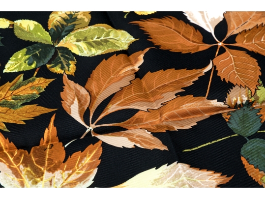 Hermès Striking Fall Leaves Motif Brown And Black Toned Silk Scarf