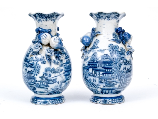 Pair Of Decorative Chinese Export Style Blue And White Porcelain Vases 