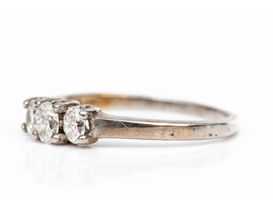 14k White Gold Three Stone Oval Moissanite Ring, Size 6.5