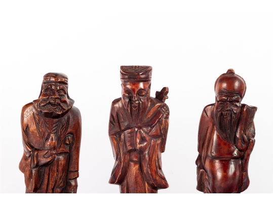 Set Of Three Hand-Carved Chinese Wooden Immortal Figures