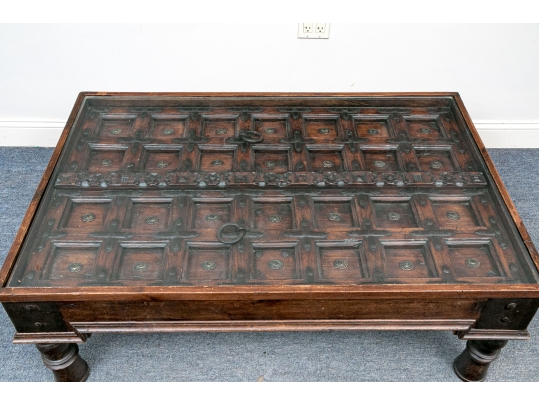 Antique Eastern Wood And Iron Heavy Door Mounted As A Table