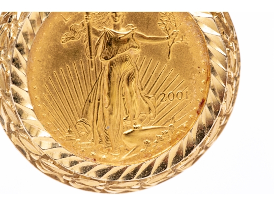 14k Yellow Gold Ornate Coin Holder Pendant With A 2001 $5 American Gold Eagle Coin