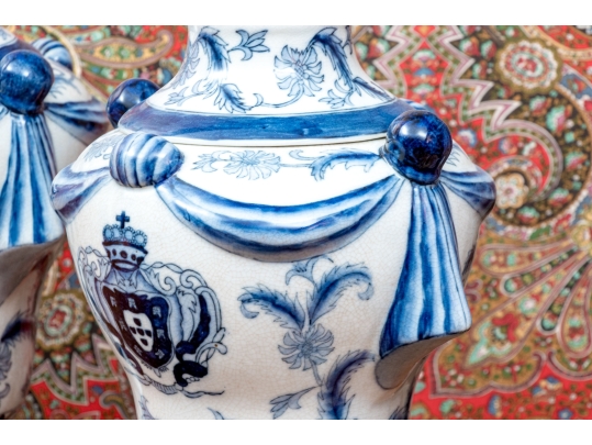 Pair Of Decorative Chinese Export Armorial Lidded Urns