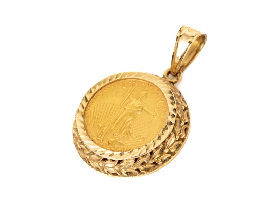14k Yellow Gold Ornate Coin Holder Pendant With A 2001 $5 American Gold Eagle Coin
