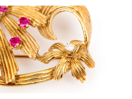 Karbra Yellow Gold Magnificent Vintage Ruby And Diamond Flower Cluster Brooch
