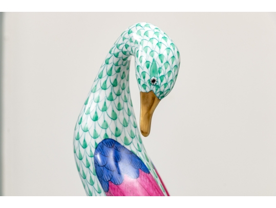 Herend Hungary Hand-Painted Porcelain Goose With Golden Egg, Green Fishnet Pattern, 7 1/2