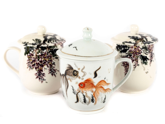 Grouping Of Three Chinese Porcelain Lidded Tea Mugs