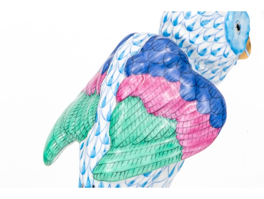 Herend Hungary Hand-Painted Porcelain Owl Figure, Blue FIshnet Pattern With Polychrome Plumage