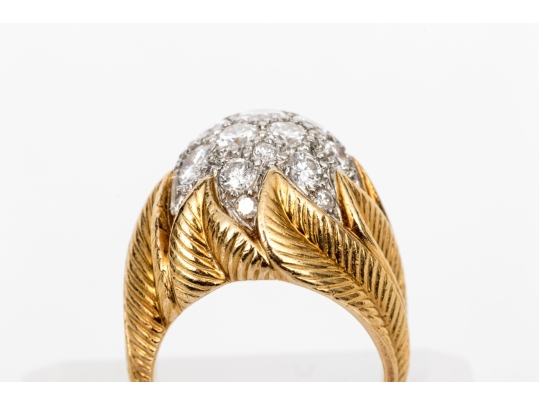 Van Cleef & Arpels 18k Yellow Gold Stunning Vintage Pave Diamond Foliate Ring, Size 3.75