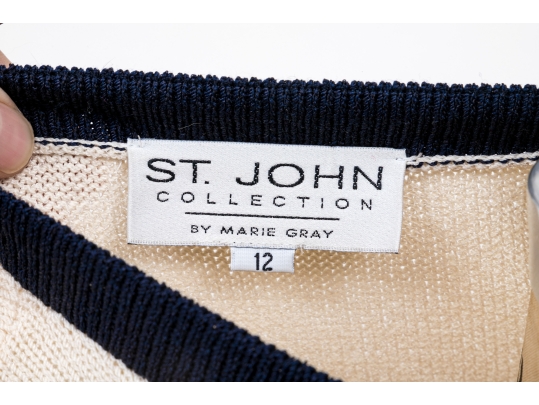 St. John Ivory White And Black Stripe Button Up Cardigan, Size 12
