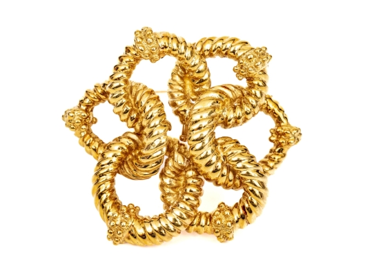 18k Yellow Gold Magnificent Ribbed And Beaded Knot Brooch/necklace Enhancer