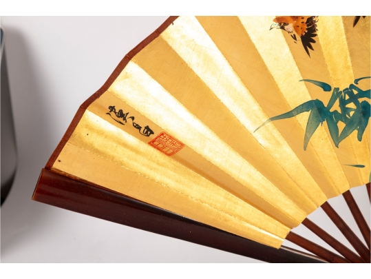 Pair Of Japanese Gilt Folding Fans On Stands