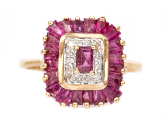 14k Yellow Gold Ruby And Diamond Cluster Ring, App. 0.03 TCW In Diamonds, Size 7.75