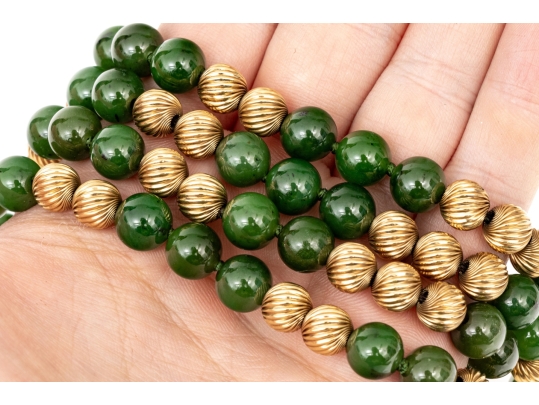 Fabulous Retro Opera Length Nephrite Jade And Corrugated Gold Bead Necklace