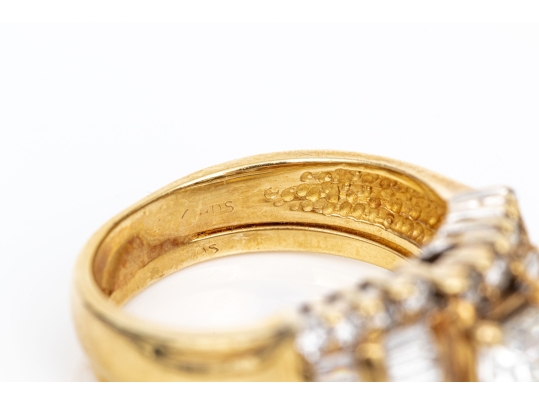 14k Radiant, Cut, Round And Baguette Diamond Ring With Attached Band, App. 1.02 TCW, Size 4.5